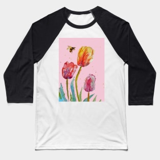 Tulip Flower Watercolor Painting and Bee on Blush Pink Baseball T-Shirt